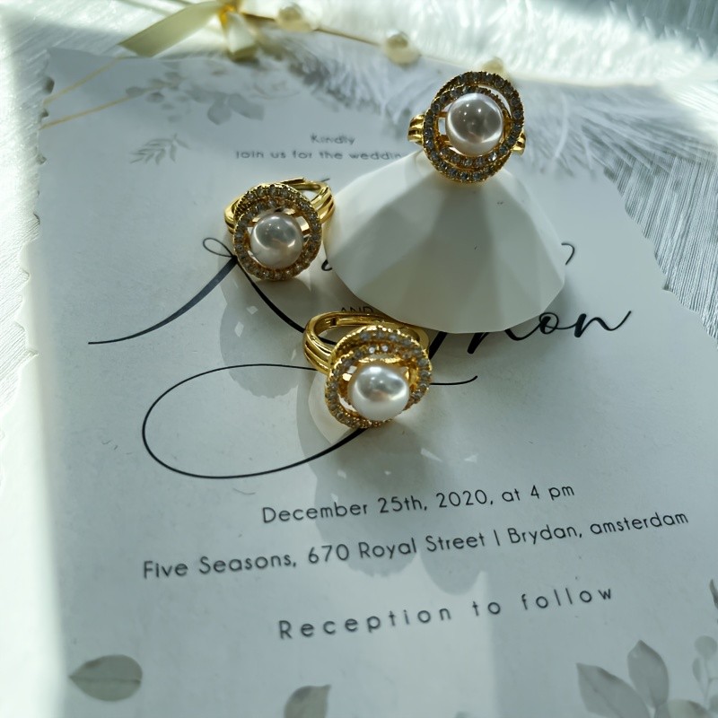 Vintage Royal Adjustable Cuff Ring with Natural Freshwater Pearl and Synthetic Zirconia - Holiday Theme, No Power Required, Ideal for Gift-Giving and Weddings