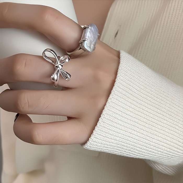Exquisite Girl S925 Sterling Silver, Bow Pearl Ring, Opening Adjustable, Simple Fashion Commuter Jewelry, Indispensable Basic Models Throughout The Year, Suitable For Daily Commuting Party Wear
