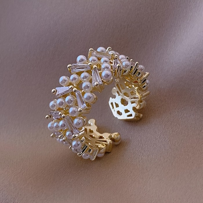 Elegant Adjustable Faux Pearl Ring With Cubic zirconia Leaf Accents, Simple Style, Open Design Fashion Faux Jewelry For Women