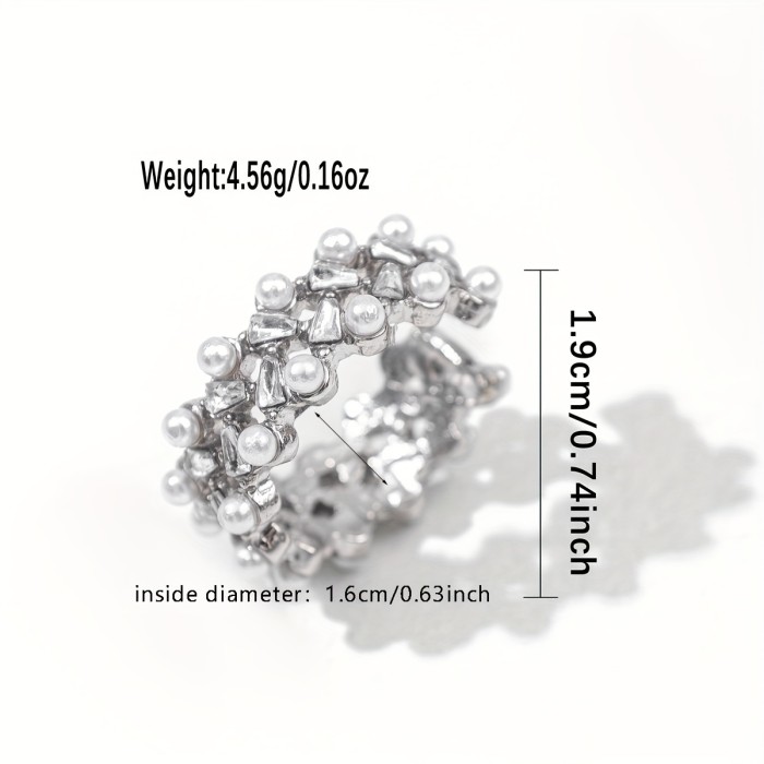 Elegant Adjustable Faux Pearl & Rhinestone Cuff Ring - Chic Minimalist Style, Zinc Alloy, Perfect for Casual Attire or Parties