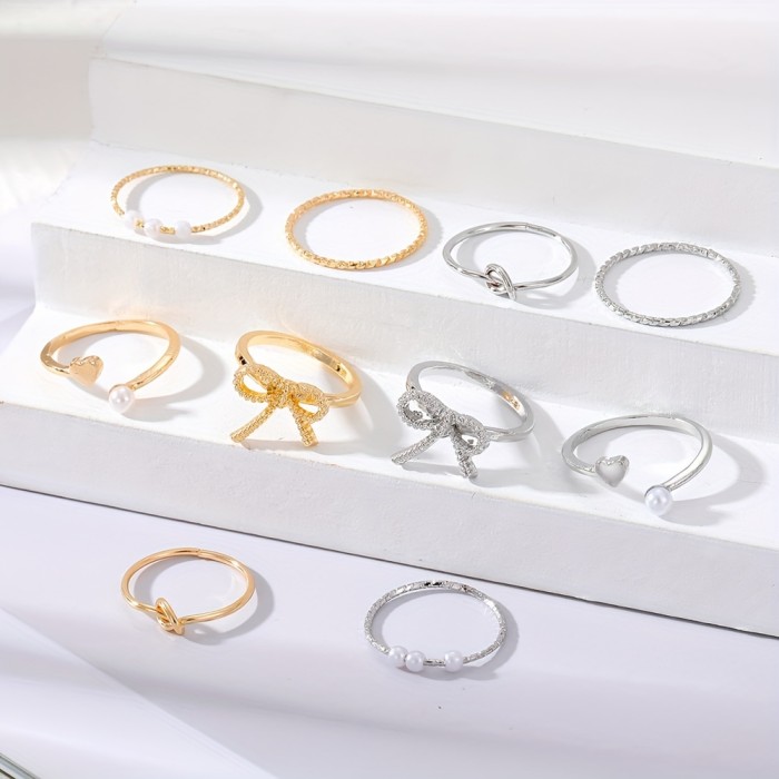Elegant & Simple Alloy Ring Set with Imitation Pearl Accents, Daily & Party Wear Adjustable Bow Knot Heart Rings - 5-Piece Fashion Jewelry Set