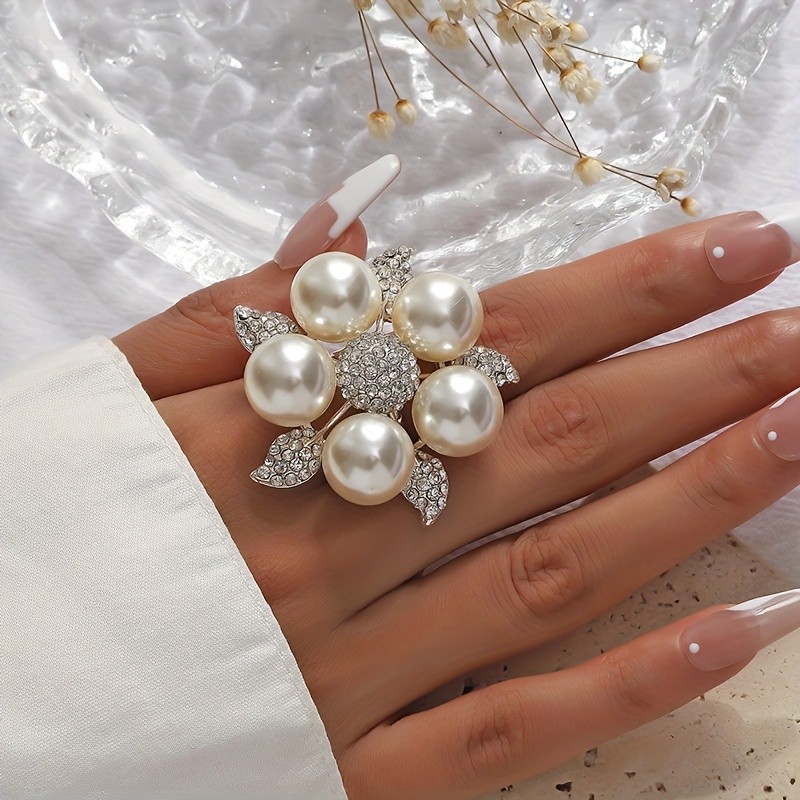 Top-Rated Elegant Floral Rhinestone & Faux Pearl Ring - Adjustable Open Design for Women, Perfect for Casual Attire or Gifting