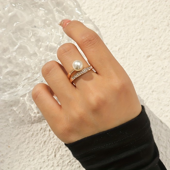 Elegant Glitter Style Adjustable Ring with Faux Pearl and Rhinestone Accents, Zinc Alloy Open Band for Daily and Gift Occasions - 1pc