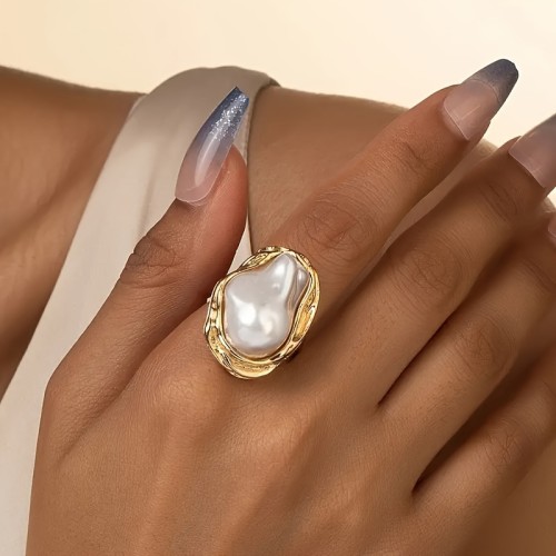 1pc Baroque Style Adjustable Faux Pearl Ring, Golden Shell Design, Unique Shape, Vintage Vacation Accessory For Spring\u002FSummer Season