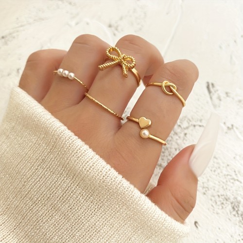 Elegant & Simple Alloy Ring Set with Imitation Pearl Accents, Daily & Party Wear Adjustable Bow Knot Heart Rings - 5-Piece Fashion Jewelry Set