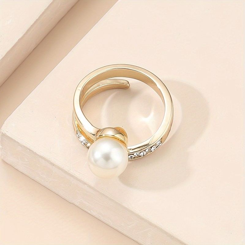 Elegant Glitter Style Adjustable Ring with Faux Pearl and Rhinestone Accents, Zinc Alloy Open Band for Daily and Gift Occasions - 1pc