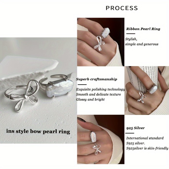 Exquisite Girl S925 Sterling Silver, Bow Pearl Ring, Opening Adjustable, Simple Fashion Commuter Jewelry, Indispensable Basic Models Throughout The Year, Suitable For Daily Commuting Party Wear