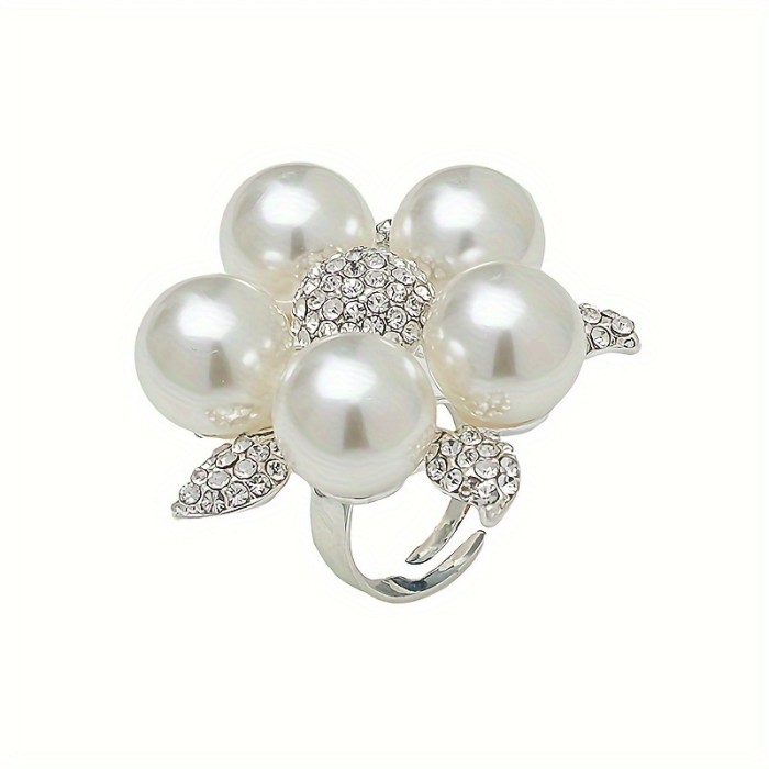 Top-Rated Elegant Floral Rhinestone & Faux Pearl Ring - Adjustable Open Design for Women, Perfect for Casual Attire or Gifting
