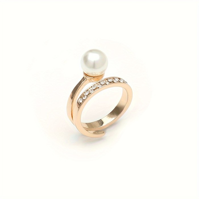 Elegant Glitter Style Adjustable Ring with Faux Pearl and Rhinestone Accents, Zinc Alloy Open Band for Daily and Gift Occasions - 1pc
