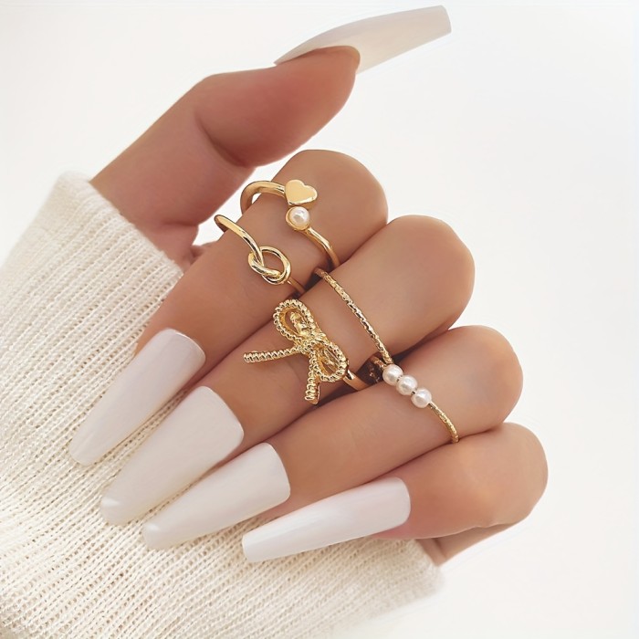 Elegant & Simple Alloy Ring Set with Imitation Pearl Accents, Daily & Party Wear Adjustable Bow Knot Heart Rings - 5-Piece Fashion Jewelry Set