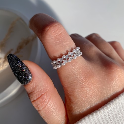 Elegant Adjustable Faux Pearl & Rhinestone Cuff Ring - Chic Minimalist Style, Zinc Alloy, Perfect for Casual Attire or Parties