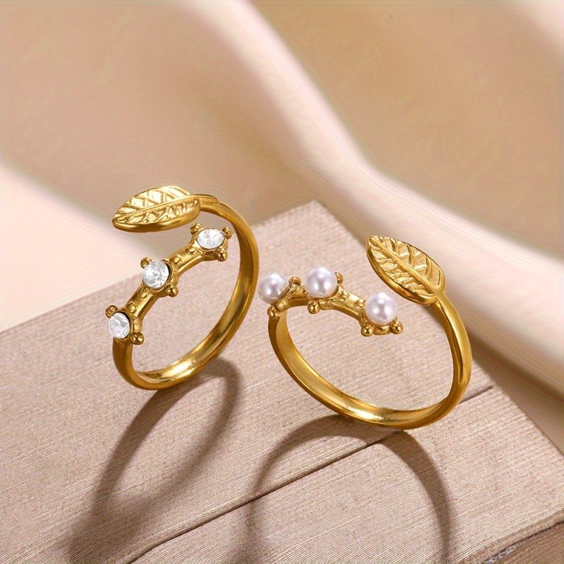Elegant Gold-Tone Adjustable Stainless Steel Ring with Leaf Detail, Faux Pearls, And zirconia Accents - Vintage-Inspired Open Ring for Weddings, Parties, And Campus Events - Luxury Imitation Pearl Jewelry Accessory, Suitable for All Seasons
