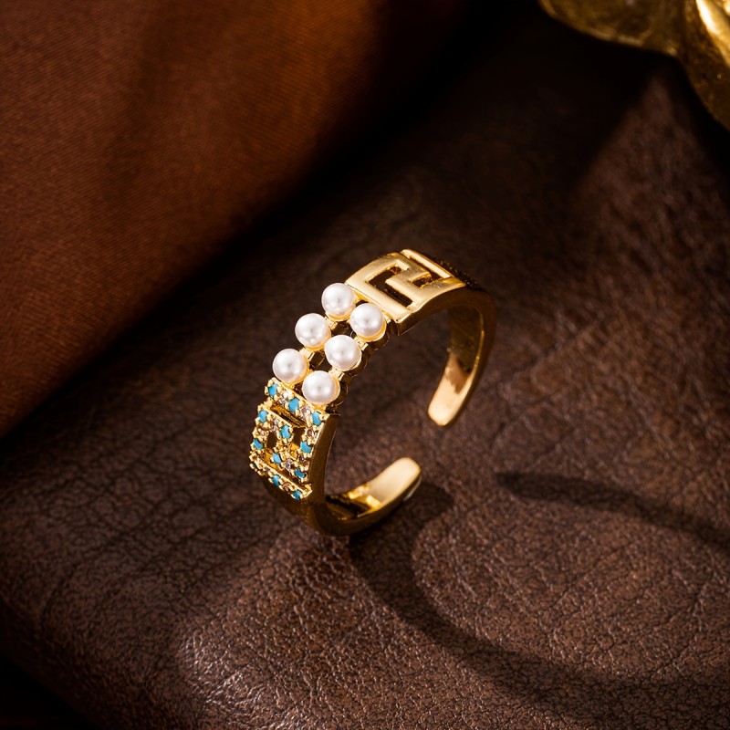 Chic Boho-Inspired Open Ring with Faux Pearls - Vintage Square Design, Perfect for Engagement & Wedding Gifts, Versatile Valentine's Day Accessory