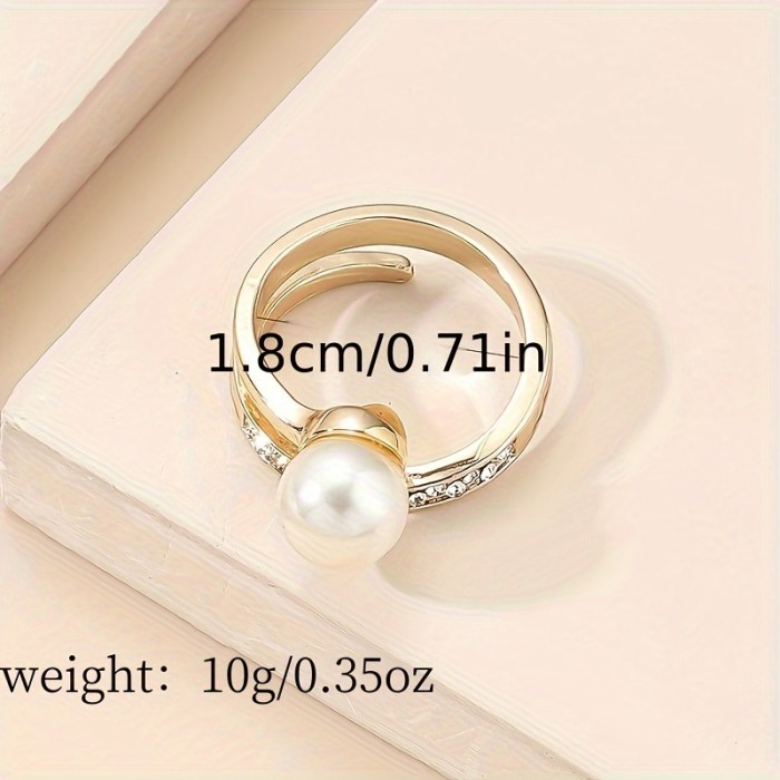 Elegant Glitter Style Adjustable Ring with Faux Pearl and Rhinestone Accents, Zinc Alloy Open Band for Daily and Gift Occasions - 1pc