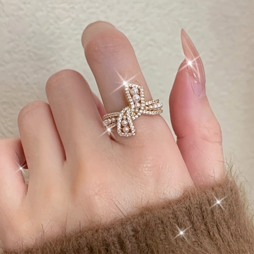 Vintage-Inspired Luxury Butterfly Bow Cuff Ring with Faux Pearl and Cubic zirconia Accents, Copper Base, Adjustable Open Ring for Women - Elegant Jewelry for Daily and Party Occasions