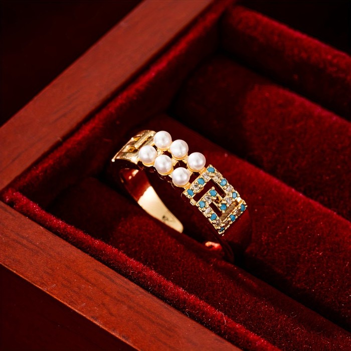 Chic Boho-Inspired Open Ring with Faux Pearls - Vintage Square Design, Perfect for Engagement & Wedding Gifts, Versatile Valentine's Day Accessory