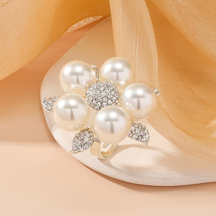Top-Rated Elegant Floral Rhinestone & Faux Pearl Ring - Adjustable Open Design for Women, Perfect for Casual Attire or Gifting