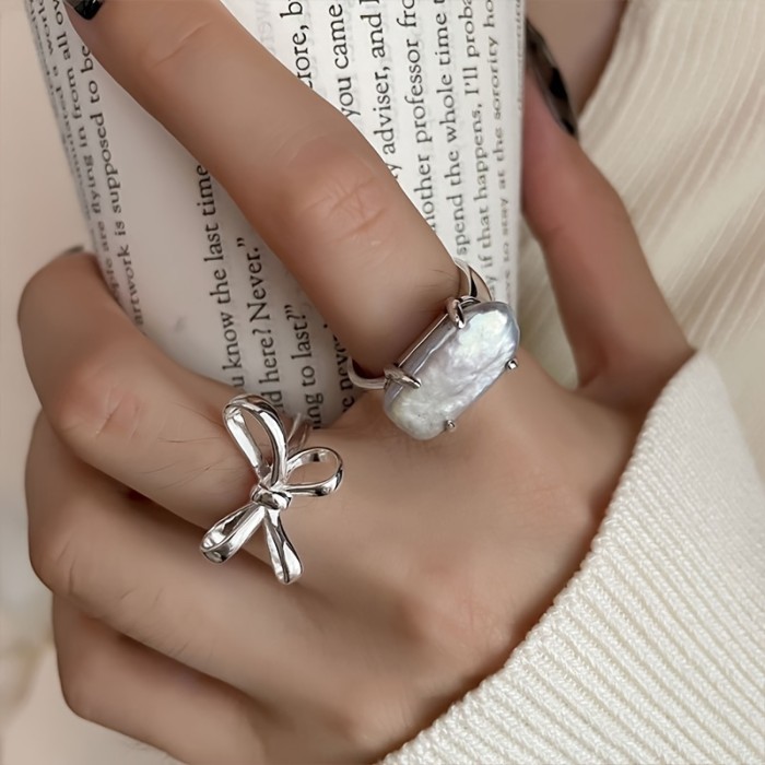 Exquisite Girl S925 Sterling Silver, Bow Pearl Ring, Opening Adjustable, Simple Fashion Commuter Jewelry, Indispensable Basic Models Throughout The Year, Suitable For Daily Commuting Party Wear