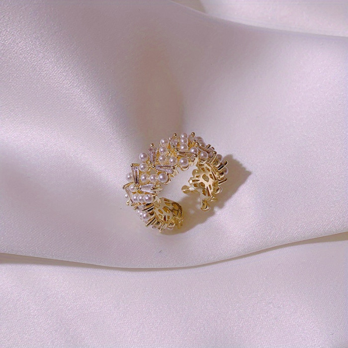 Chic Adjustable Faux Pearl & Zirconia Leaf Ring - Vintage Style, Perfect for Casual Attire & Special Occasions - Ideal Gift for Women, Moms, and Friends