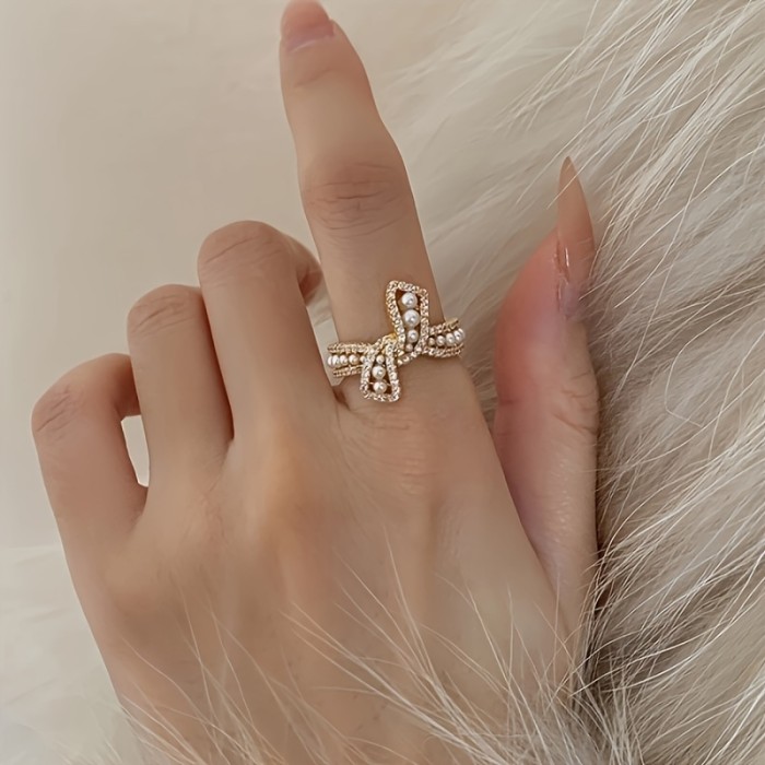 Vintage-Inspired Luxury Butterfly Bow Cuff Ring with Faux Pearl and Cubic zirconia Accents, Copper Base, Adjustable Open Ring for Women - Elegant Jewelry for Daily and Party Occasions