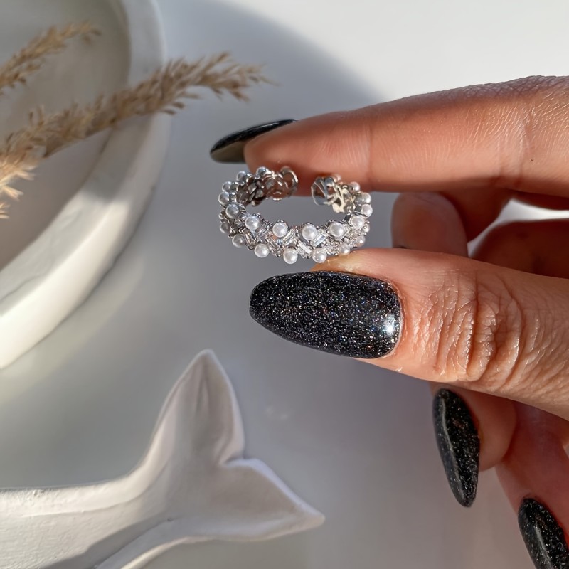 Elegant Adjustable Faux Pearl & Rhinestone Cuff Ring - Chic Minimalist Style, Zinc Alloy, Perfect for Casual Attire or Parties