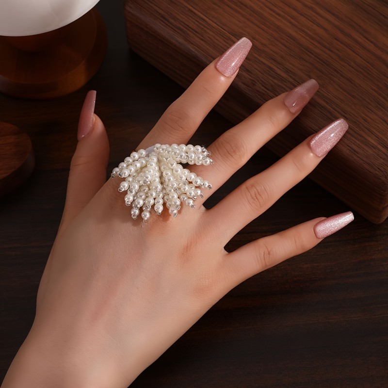 Luxurious Wide Band Adjustable Faux Pearl Ring - Exquisite Firework Design, Perfect for Weddings, Engagements, and Special Occasions, Comfortable to Wear, Hypoallergenic, Nickel-Free, and Durable