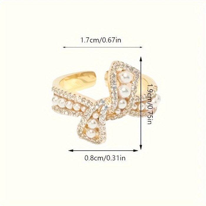 Vintage-Inspired Luxury Butterfly Bow Cuff Ring with Faux Pearl and Cubic zirconia Accents, Copper Base, Adjustable Open Ring for Women - Elegant Jewelry for Daily and Party Occasions