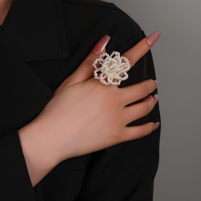 Elegant Adjustable Faux Pearl Flower Ring for Women - Chic French-Inspired, Perfect for Weddings & Engagements, No Power Needed, All-Season Wear