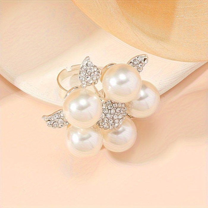 Top-Rated Elegant Floral Rhinestone & Faux Pearl Ring - Adjustable Open Design for Women, Perfect for Casual Attire or Gifting