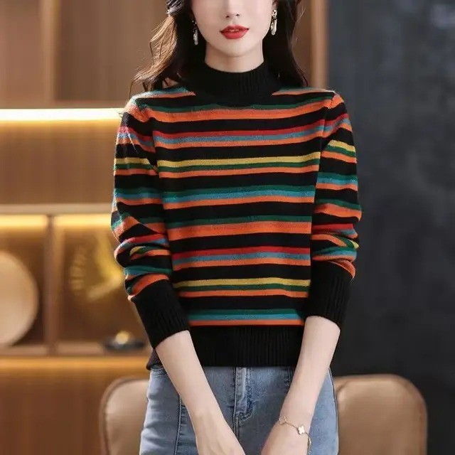 Women's Cozy Winter Rainbow Half-High Collar Warm Sweater