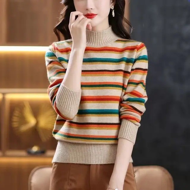 Women's Cozy Winter Rainbow Half-High Collar Warm Sweater