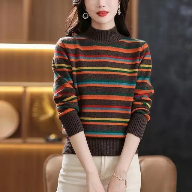 Women's Cozy Winter Rainbow Half-High Collar Warm Sweater