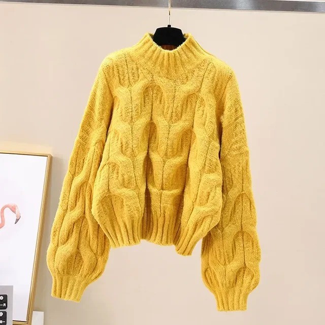 Casual European-American Style Loose Fit Turtleneck Cable Knit Sweater