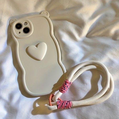 Festive Cat Ear Silicone Phone Case with Heart for iPhone 15 Pro Max, 13\u002F14, 12, 11, XS Max - Includes TPU Material, Shockproof, Anti-Fall, and Detachable Rope Keychain