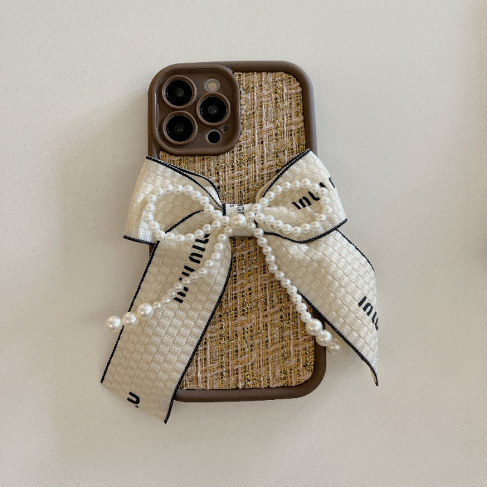 New Anti-fall Plush Small Fragrance Wind Pearl Bow Mobile Phone Case for iPhone X XS XR XSMAX 11 12 13 14 15 16 Plus Promax