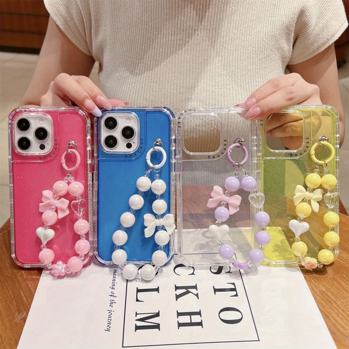 Solid Color Bling Phone Case For iPhone 12 Pro 13 Pro Max 14 Plus 15 Pro Max, Luxury Plastic Anti-drop Cover With Bead Wristband, Phone Shell Back Skin
