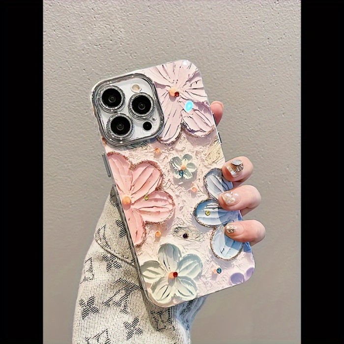 Oil Painting Flowers Pattern Protective Phone Case, Suitable For IPhone 15 Pro\u002F14 Pro Max\u002F13\u002F12 Pro Max\u002F11 Lens Full Coverage High-end New Anti-fall Protective Case