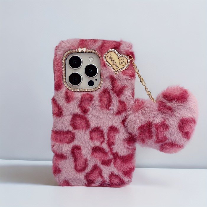 Plush Mobile Phone Case Rose Red Leopard Print Love Pendant