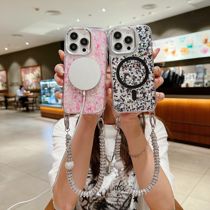 Fashionable, High-Quality, And Powerful Magnetic Flash Phone Case That Can Change Color with Viewing Angle, Suitable for Iphone 16 15 14 13 12 11 Pro Max Pulsars, Equipped with A Sparkling Artificial Diamond Chain, Suitable As A Protective Case for Girls As A Gift