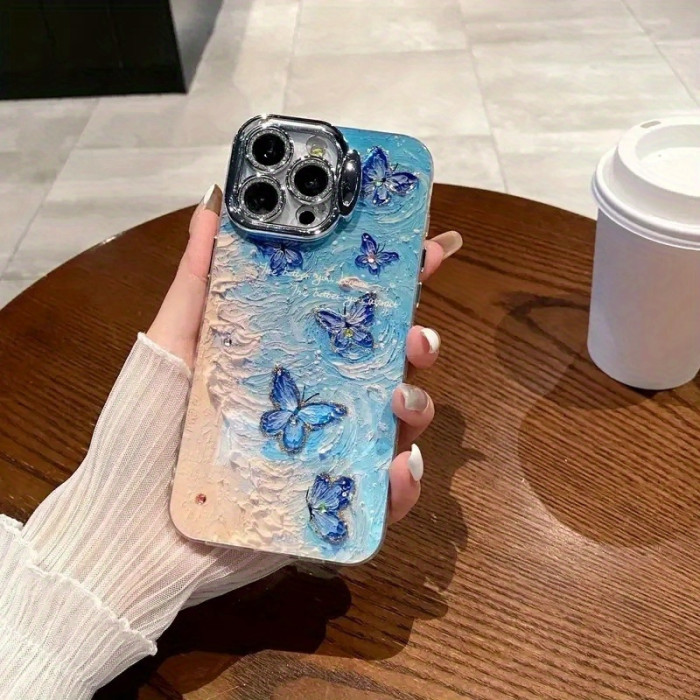 Wave Butterfly And Blue Rose Butterfly Phone Cases, Oil Painting Fine Hole Glitter Powder Holder, Suitable For IPhone 11\u002F 12\u002F 13\u002F 14\u002F 15pro\u002F Max\u002F Plus, Oil Painting Style Butterfly Phone Case With Lens Film To Protect The Camera
