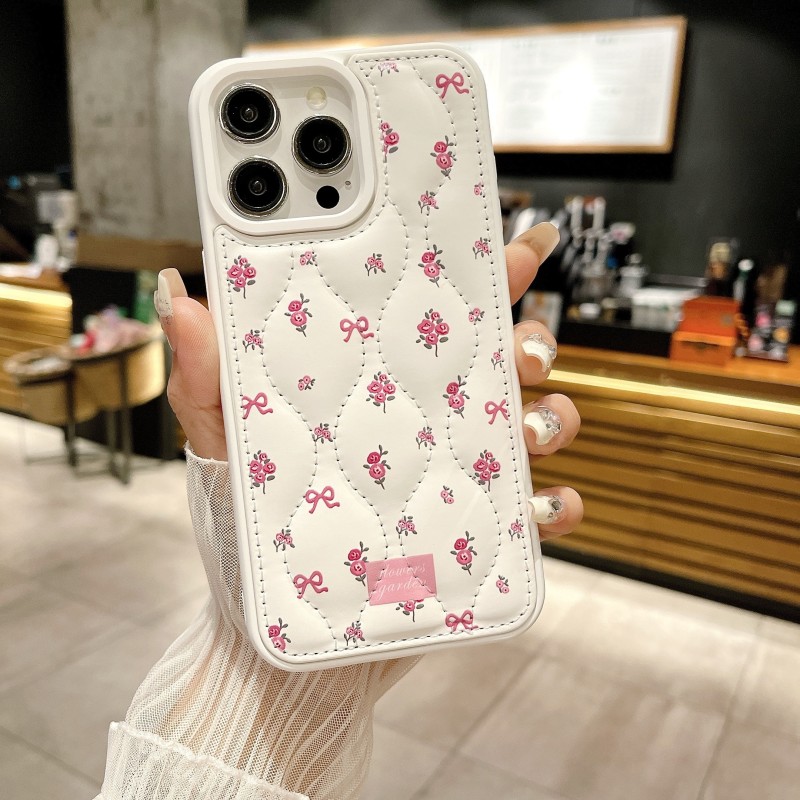 Luxury Down Jacket Texture Cute Style Painted TPU Phone Case, Compatible with iPhone 12 13 14 15 Pro Max - Elegant Pink Floral Design Protective Cover