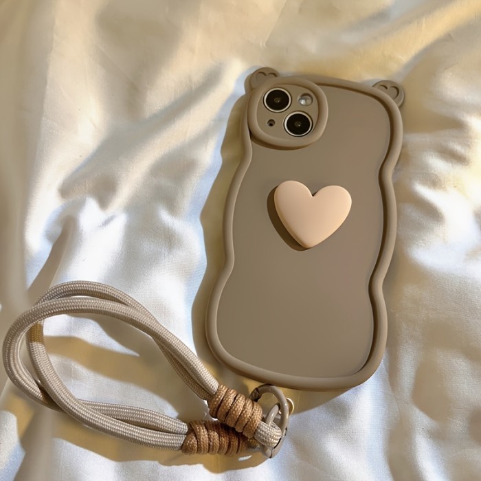 Festive Cat Ear Silicone Phone Case with Heart for iPhone 15 Pro Max, 13\u002F14, 12, 11, XS Max - Includes TPU Material, Shockproof, Anti-Fall, and Detachable Rope Keychain