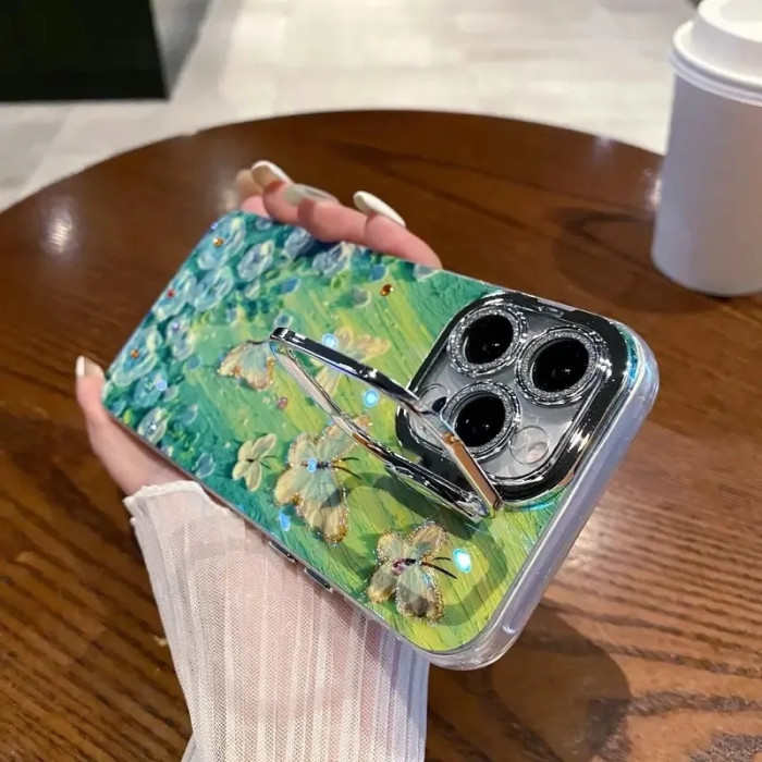 Wave Butterfly And Blue Rose Butterfly Phone Cases, Oil Painting Fine Hole Glitter Powder Holder, Suitable For IPhone 11\u002F 12\u002F 13\u002F 14\u002F 15pro\u002F Max\u002F Plus, Oil Painting Style Butterfly Phone Case With Lens Film To Protect The Camera