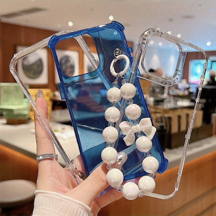 Solid Color Bling Phone Case For iPhone 12 Pro 13 Pro Max 14 Plus 15 Pro Max, Luxury Plastic Anti-drop Cover With Bead Wristband, Phone Shell Back Skin