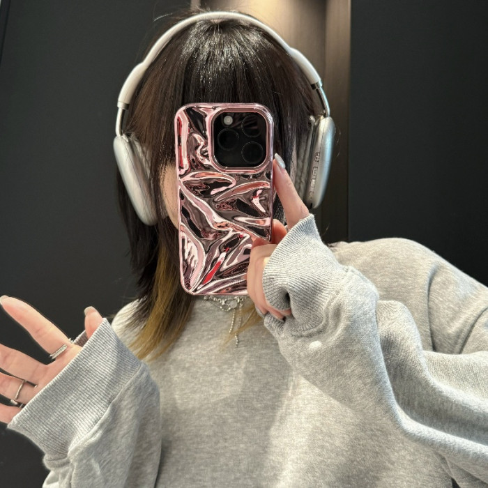 3D Water Ripple Electroplating Rose Gold Plated High-end Texture Fashion Street Popular Suitable for Apple Protective Case Creative for IPhone16 15 14 13 12 11 plus Pro Max Mobile Phone Case Set
