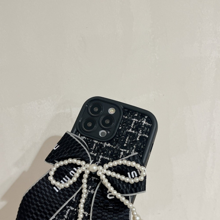 New Anti-fall Plush Small Fragrance Wind Pearl Bow Mobile Phone Case for iPhone X XS XR XSMAX 11 12 13 14 15 16 Plus Promax