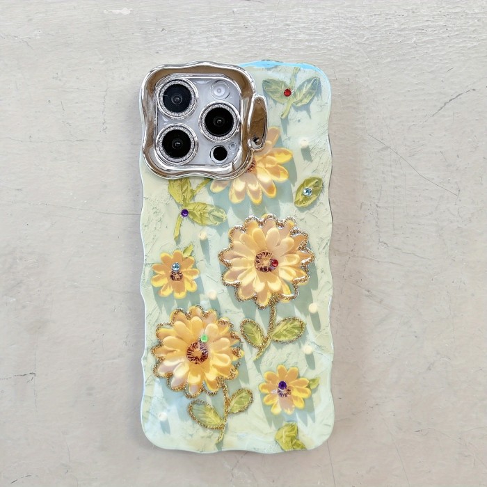 Lens Holder Blue Background with Blue, Pink And Yellow Flowers + Light Green Background with Multiple Bunches of Sunflowers Phone Case Suitable for Apple Phone 16 15 14 13 12 Pro Promax