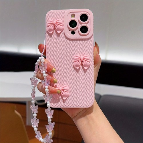 Three-Dimensional Multiple Bowknots with Bracelets Pink Frosted All-Inclusive Anti-Fall Mobile Phone Case Suitable for Apple 16PROMAX\u002F16PLUS\u002F16PRO\u002F16\u002F15PROMAX\u002F15PLUS\u002F15PRO\u002F15\u002F14PROMAX\u002F14PLUS\u002F14PRO\u002F14\u002F13PROMAX\u002F13PRO\u002F13\u002F12PROMAX\u002F12PRO\u002F12 11PROMAX\u002F11PRO\u002F11\u002FXSMAX\u002FXR\u002FXS\u002F7#8PLUS\u002F7#8 Protective Cover Transparent Shock Absorption