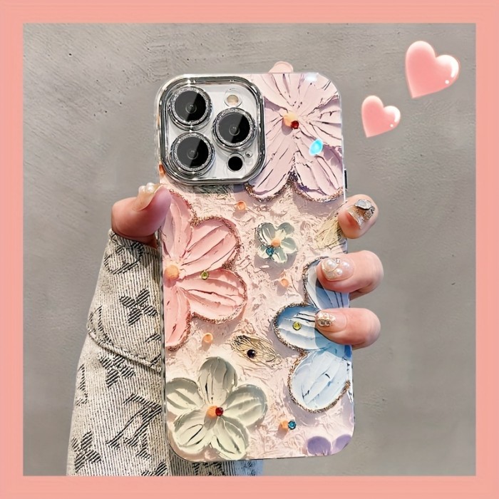 Oil Painting Flowers Pattern Protective Phone Case, Suitable For IPhone 15 Pro\u002F14 Pro Max\u002F13\u002F12 Pro Max\u002F11 Lens Full Coverage High-end New Anti-fall Protective Case