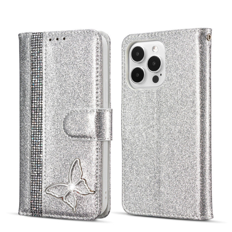 Butterfly Diamond Glitter Phone Case for iPhone 15\u002F14\u002F13\u002F12 Series, Faux Leather Flip Wallet Cover with Card Holder, Compatible with iPhone 15 Pro Max\u002F14 Pro\u002F13\u002F12, Luxury Gift Case for Women - Sparkle Silver